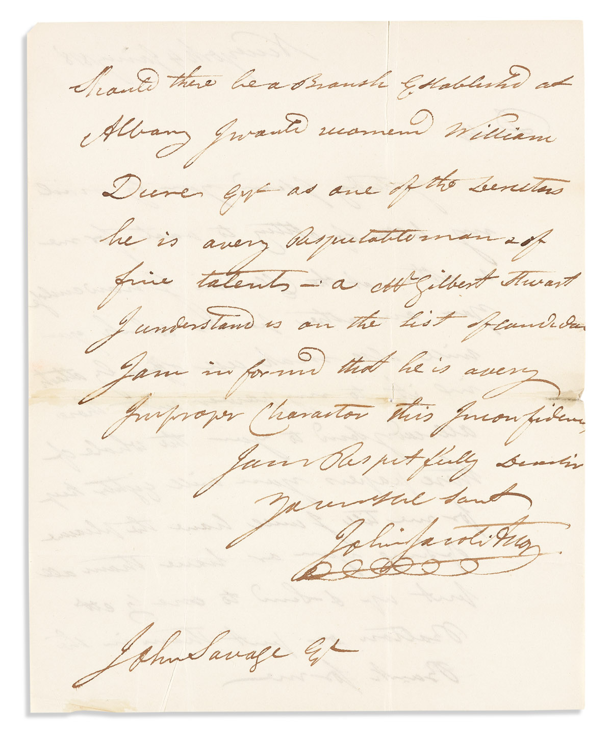 ASTOR, JOHN JACOB. Autograph Letter Signed, as President of the NY branch of the Bank of the United States (BUS), to BUS Director John